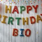 Happy Birthday text with balloons and confetti in a stylish design.