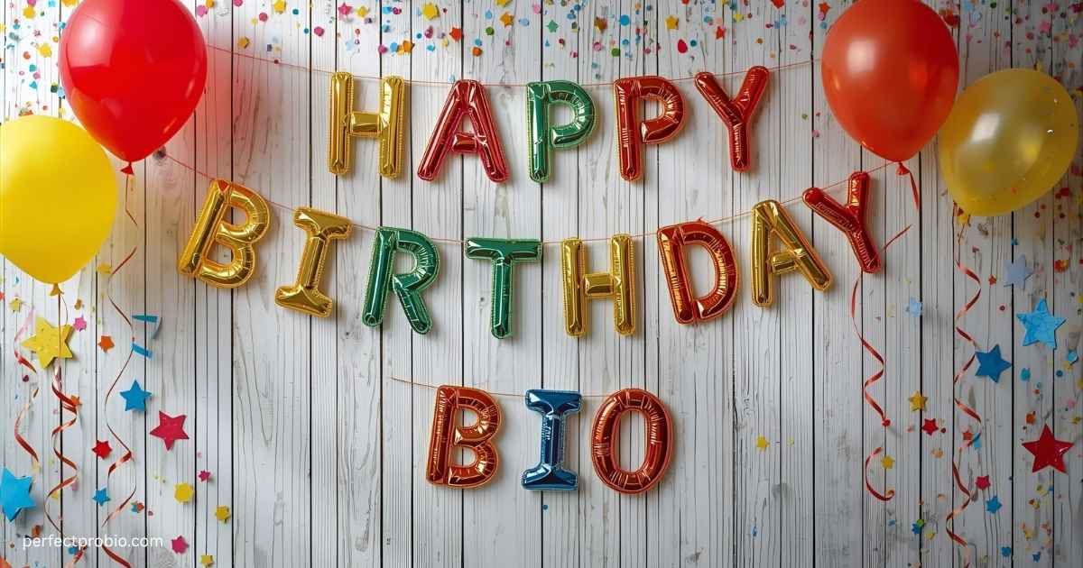 Happy Birthday text with balloons and confetti in a stylish design.