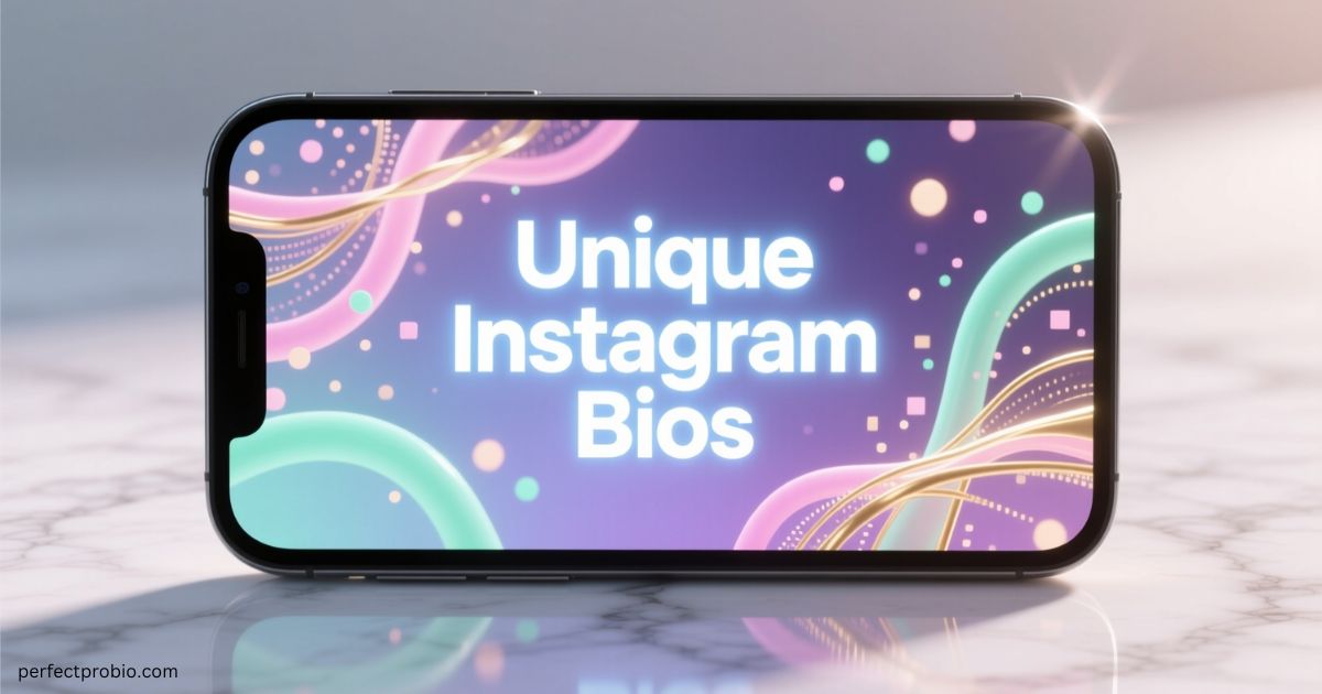 Phone screen with creative Instagram bio ideas in colorful fonts.