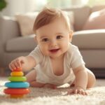 Happy 11-month-old baby playing with toys.