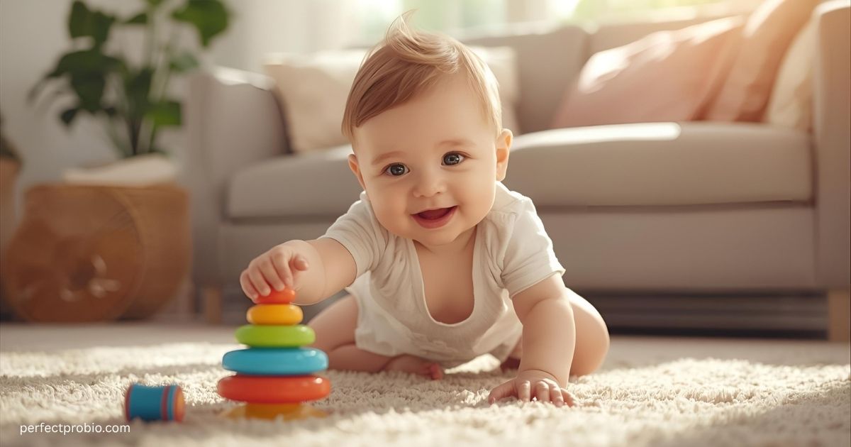 Happy 11-month-old baby playing with toys.
