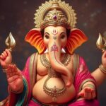 Lord Ganesha idol with flowers and lights for Ganpati captions.