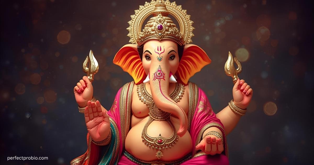Lord Ganesha idol with flowers and lights for Ganpati captions.