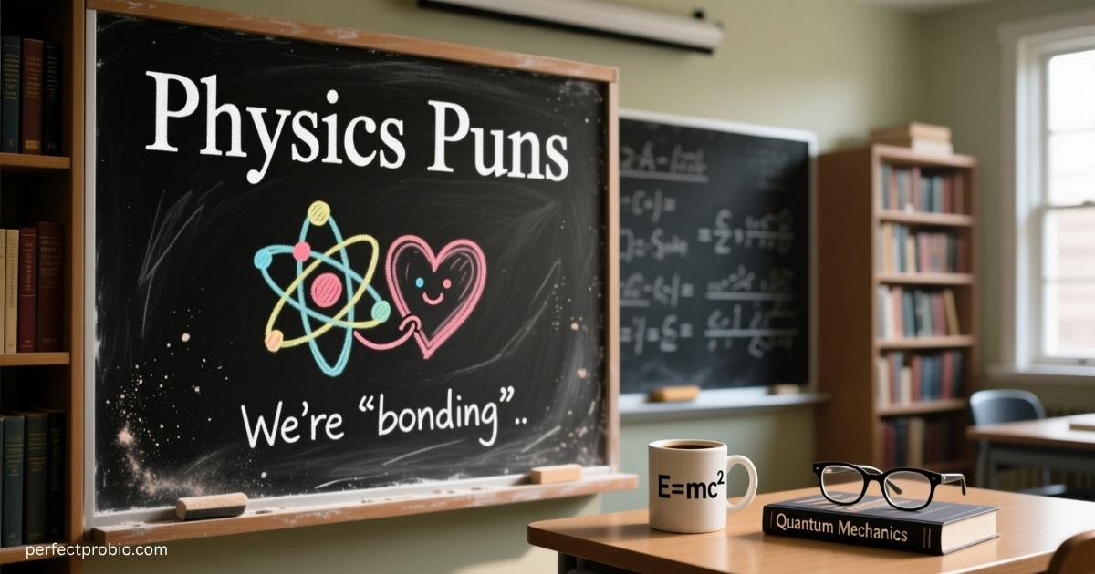 Cartoon scientists and atoms laughing with physics symbols.