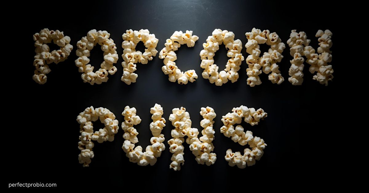 Bowl of popcorn with playful pun text.