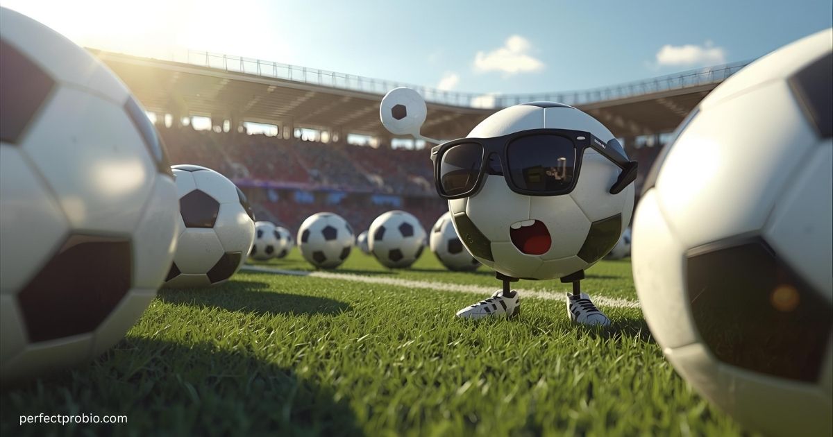Smiling soccer ball with playful puns in a bright background.