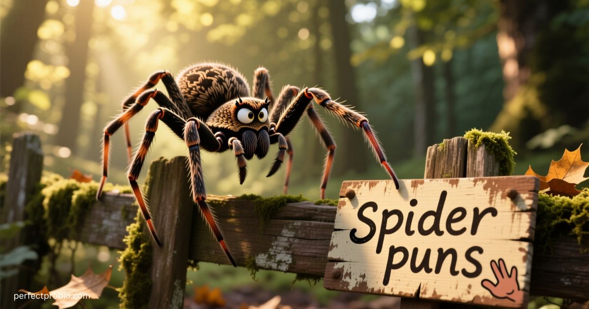 Cute cartoon spider hanging from a web, symbolizing funny spider puns.